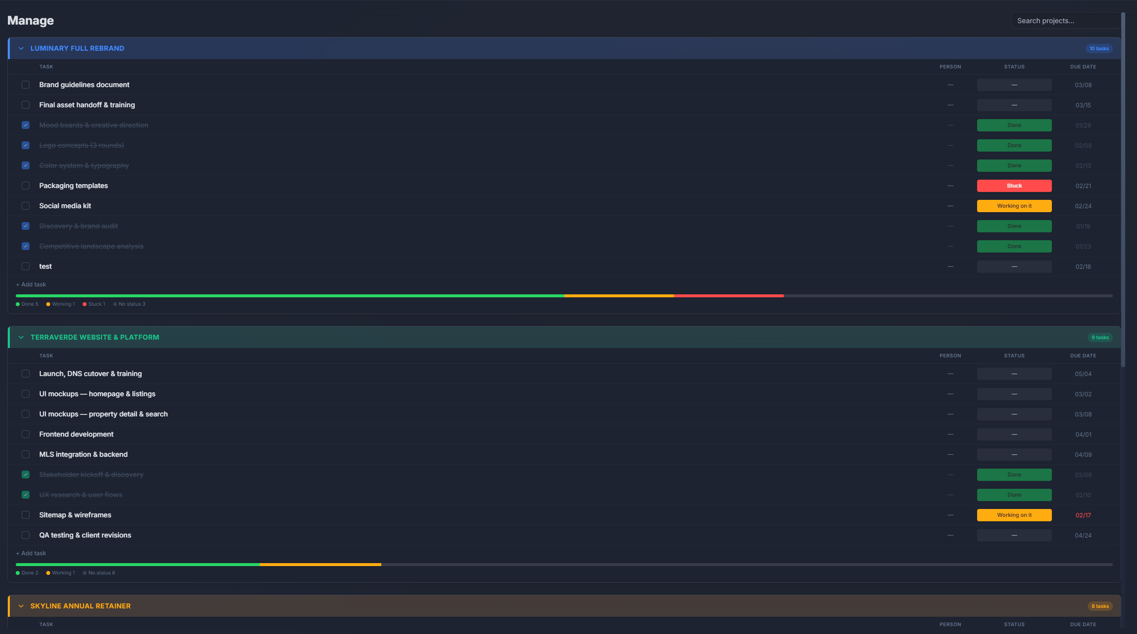 PlannedIt project management board with task rows showing status, priority, due dates, and progress for multiple projects