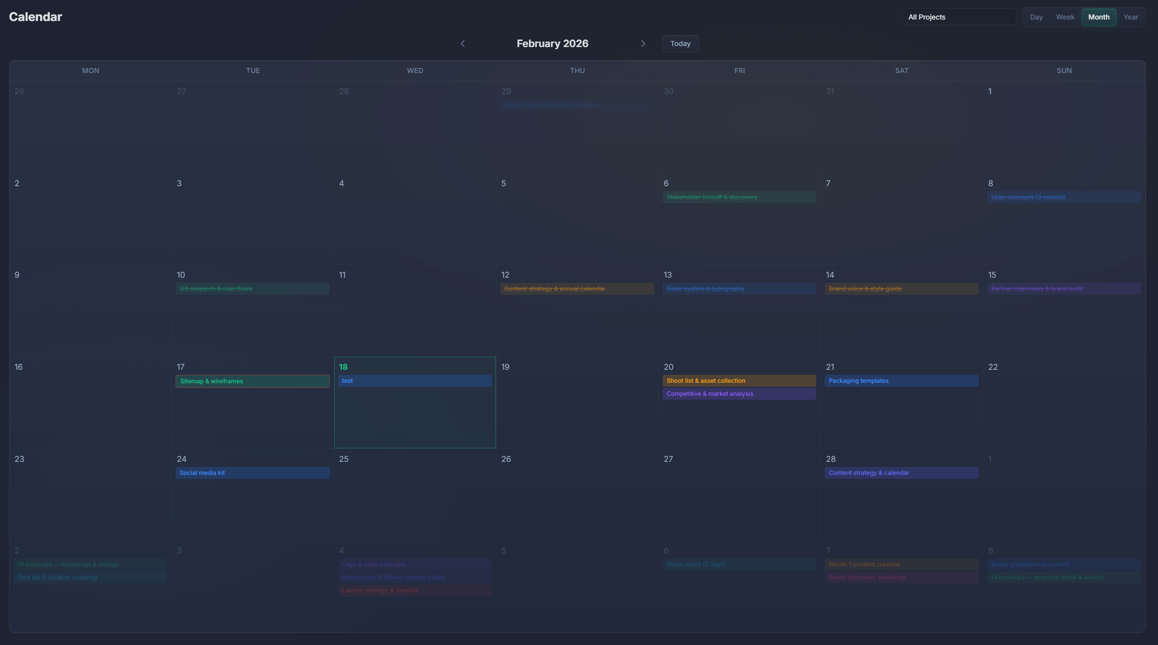 PlannedIt calendar view showing project tasks and deadlines color-coded by project on a monthly calendar